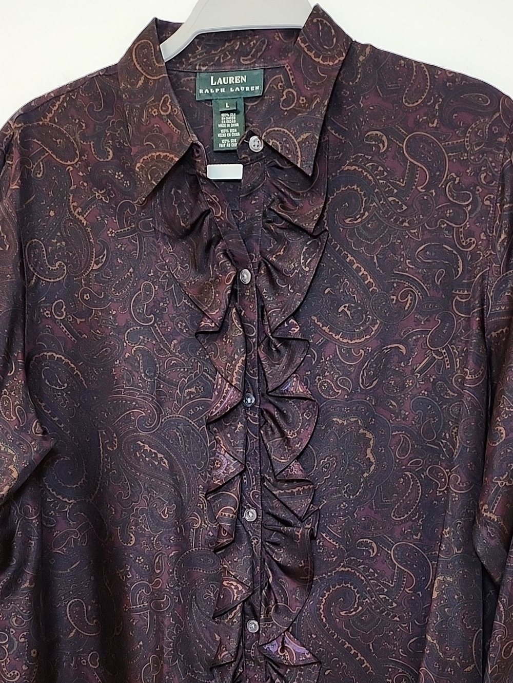 Ralph Lauren Women's 100 % Silk formal blouse paisley print  ruffle front Size L - Picture 4 of 16